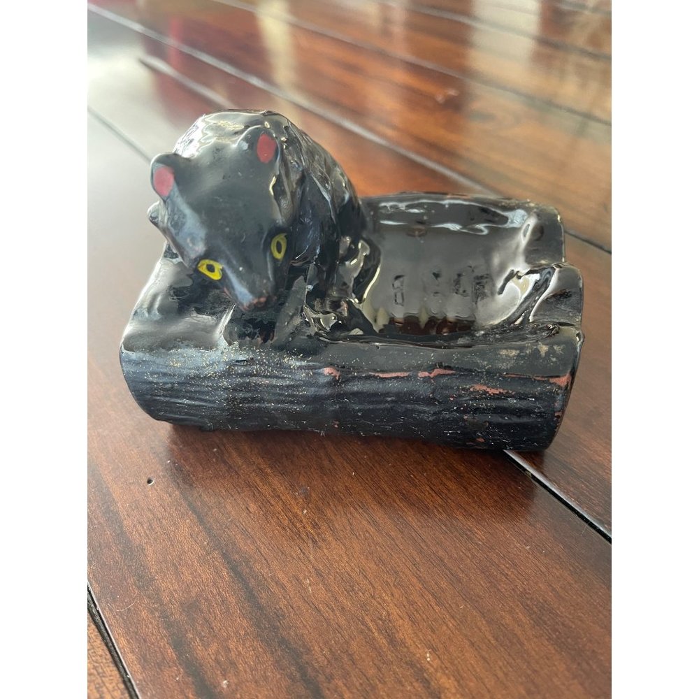 Vintage Fairway Figural Bear on Log Art Pottery Ashtray